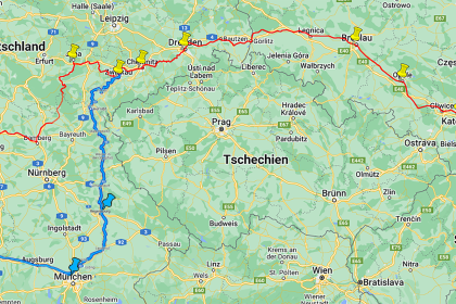 Transportroute nach Auschwitz, 13.07.1942, lt. Statistik des Holocaust: Stuttgart – München – Regensburg – Zwickau – Chemnitz